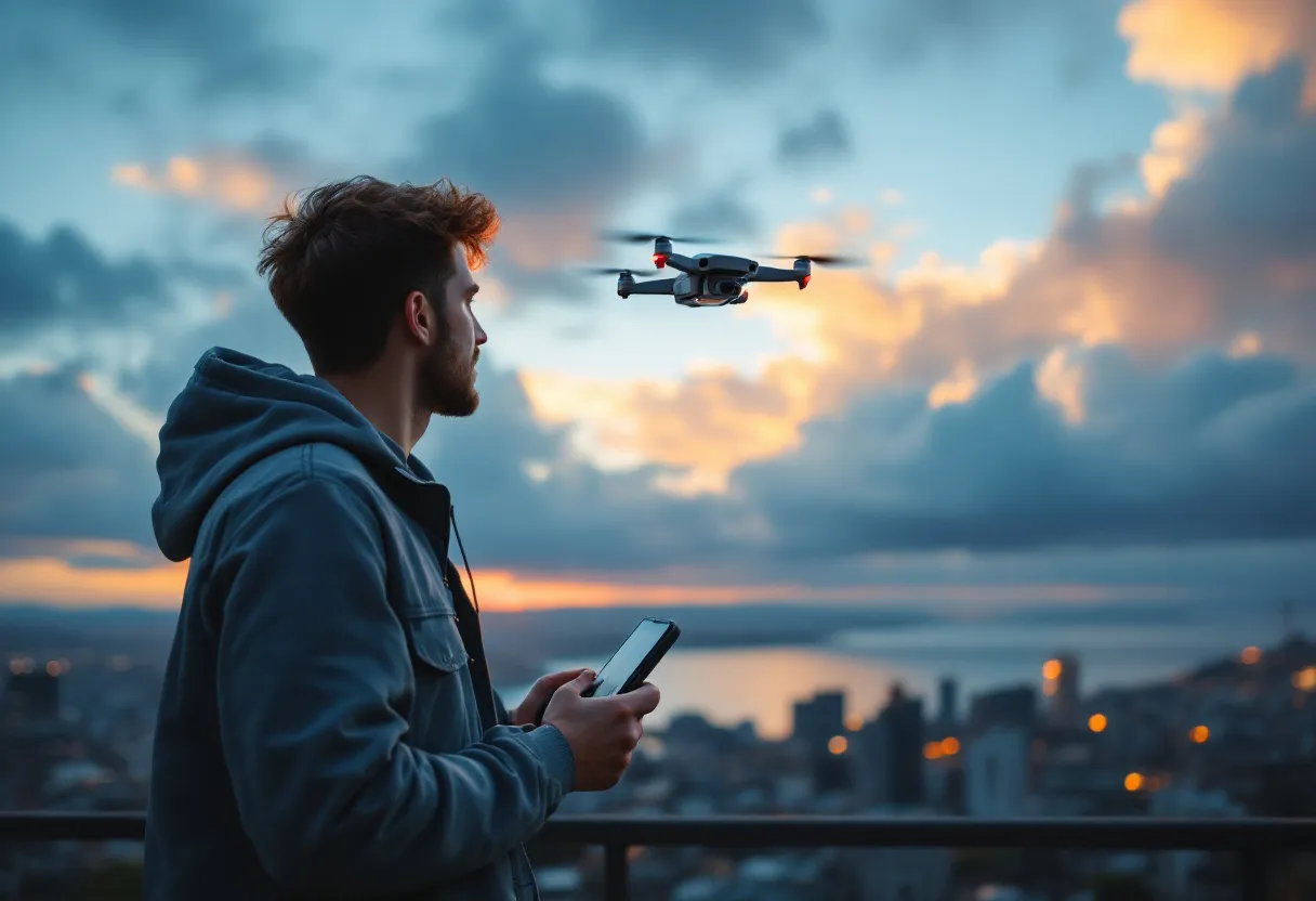 A creator in their late twenties unfolding the MD drone on a rooftop at dusk